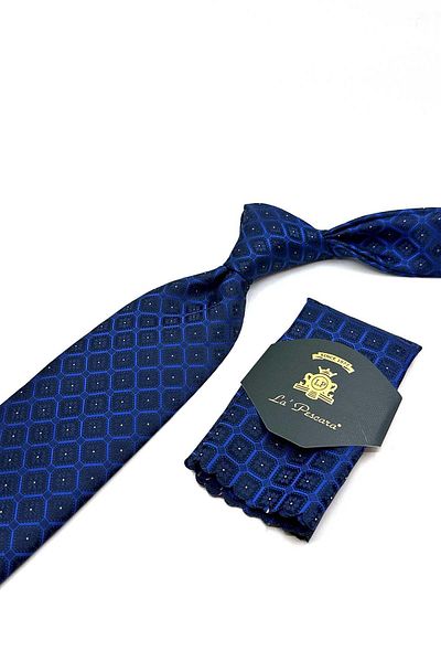 Kravatkolik Classic Tie with Navy Blue Motif Pattern Handkerchief Kk12857