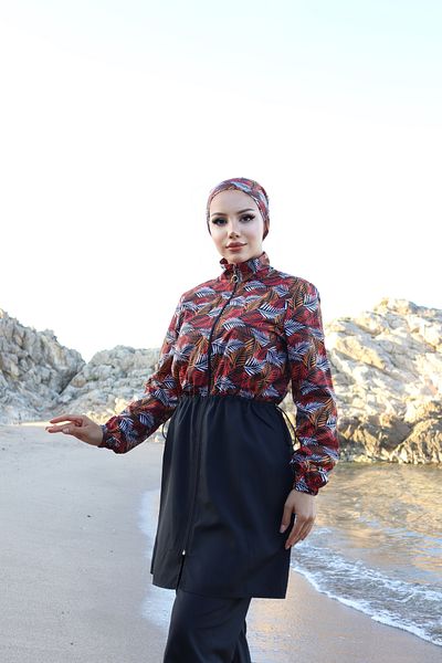 new ats Orange Black 3-Piece Hijab Swimsuit - Palm Pattern, Adjustable Waist Rubber
