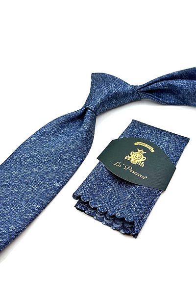 Kravatkolik Classic Tie with Blue Square Pattern Handkerchief Kk13061
