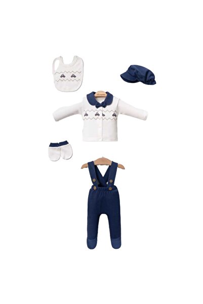 bebegen Erkek Bebek Beyaz Laci Araba Desenli Bebe Yakalı 5'li Hastane Çıkış Seti