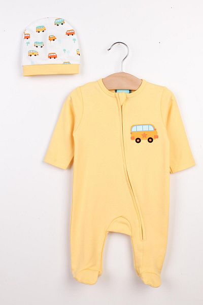 Mini Ropa Bus Printed Yellow Baby Romper Zippered Yellow Baby Boy Romper