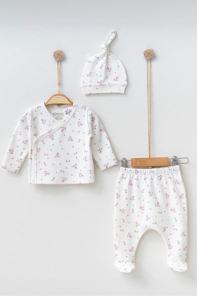 Mini Ropa Ecru Color Floral Patterned Newborn Baby Girl Bodysuit Set - Double Breasted Set
