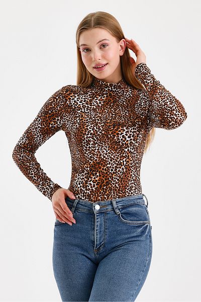 ZACHARIUZ Body cu mânecă lungă cu gât cu model leopard