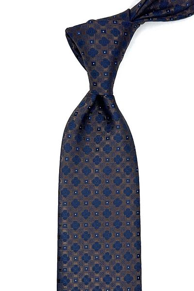 Kravatkolik Classic Tie with Brown Motif Pattern Handkerchief Kk13034