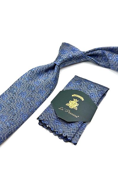 Kravatkolik Classic Tie with Blue Shawl Pattern Handkerchief Kk13110