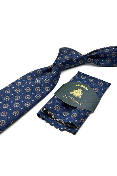 Kravatkolik Navy Blue - Yellow Motif Pattern Classic Tie with Handkerchief Kk12905