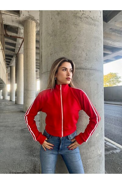 DEEFWEAR KADIN DİK YAKA FERMUARLI ŞERİT ÇİZGİLİ CROP SWEATSHİRT
