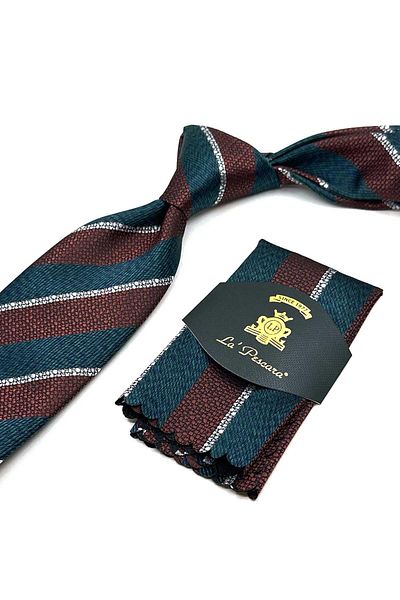 Kravatkolik Green - Brown Line Pattern Classic Tie with Handkerchief Kk13106