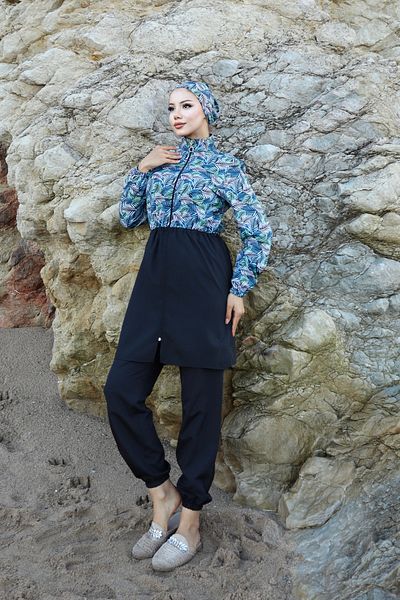 new ats Green Black 3-Piece Hijab Swimsuit - Palm Pattern and Adjustable Waist Elastic