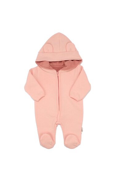 bebegen Kız Bebek Pembe Kulaklı Kapüşonlu Fermuarlı 3 İplik Tulum