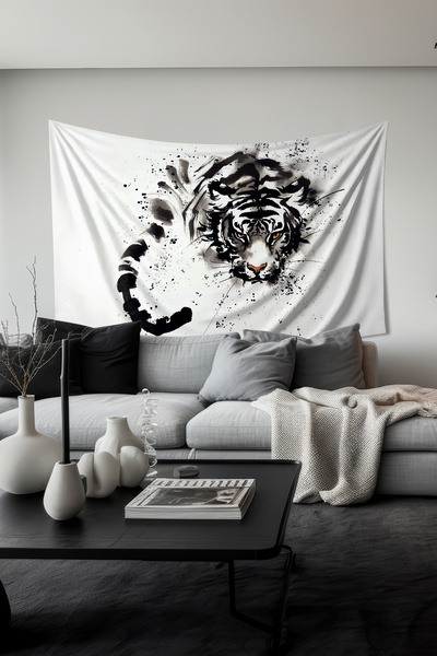 Moud's White Tiger Pattern Wall Tapestry Wall Cover Tapestry Suede Textured F...