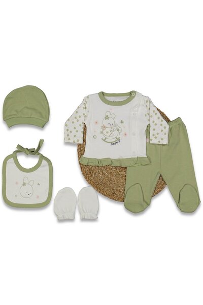 bebegen Baby Girl Ecru Green Rabbit Floral Patterned 5-Piece Hospital Dischar...