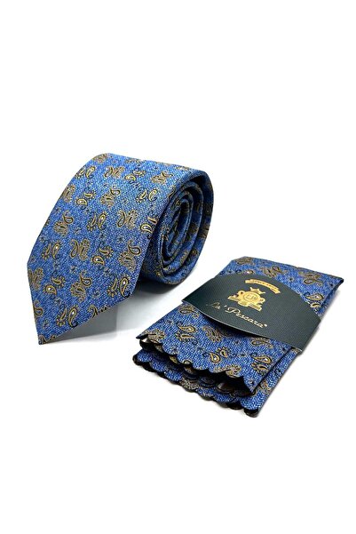 Kravatkolik Κλασική γραβάτα με μπλε σχέδιο σάλι και μαντήλια KK13117