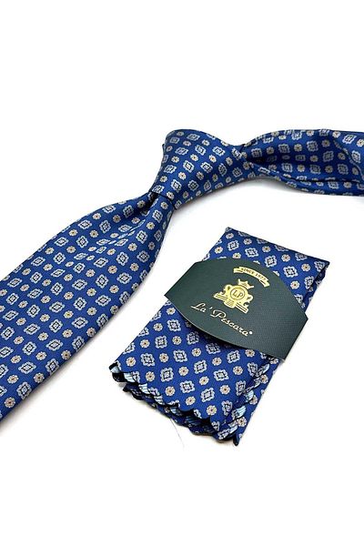 Kravatkolik Classic Tie with Blue Motif Pattern Handkerchief Kk12985