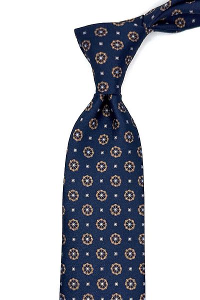 Kravatkolik Classic Tie with Navy Blue Motif Pattern Handkerchief Kk12907