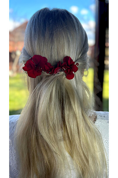 Eva Flore Red Floral Print Bridal Hair Accessory - Hydrangea Pearls, Wedding Comb Barrette, Bun Barrette