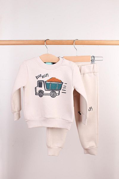 Mini Ropa Baby Boy Beige Sweat Set Raster Truck Embroidered Baby Set