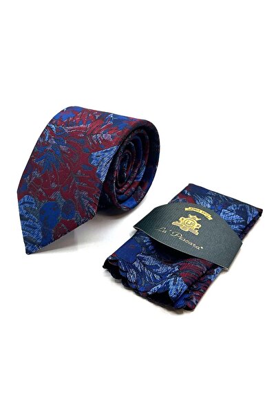 Kravatkolik Синя - Червена кърпичка с мотив на листа Класическа вратовръзка KK13043