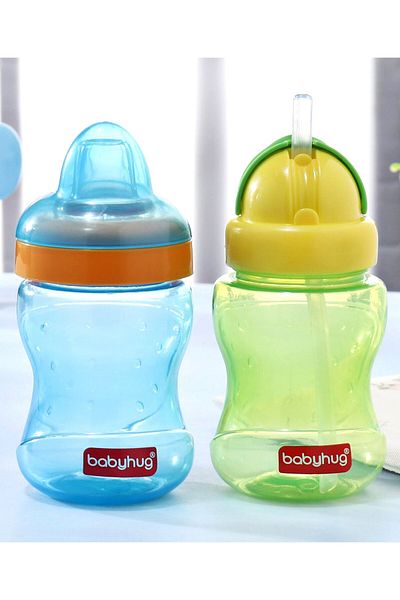 Babyhug Spout & Straw Sipper Set - 180 mL, BPA Free, Ergonomic, Spill-Free, Easy Wash, Green/Blue