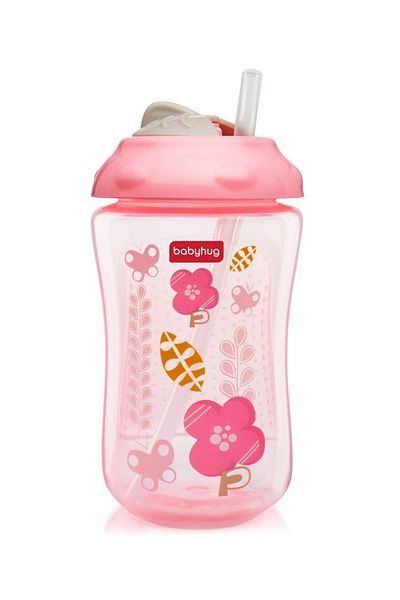 Babyhug 300mL Swipey Straw Sipper Bottle with Flower Print, Pink, Hygienic Lid, BPA Free, 9M+