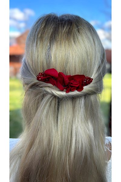 Eva Flore Red Floral Print Bridal Hair Accessory - Hydrangea Pearls, Wedding Comb Barrette, Bun Barrette