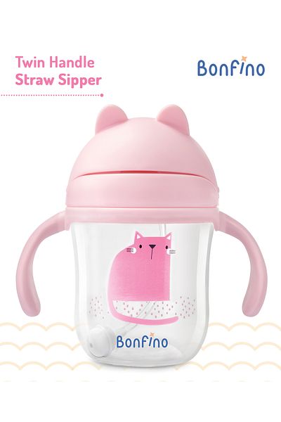 Bonfino Kids Straw Sipper Pink 220mL, 12+ Months, Spill Proof, Easy Grip, Click Lock Lid