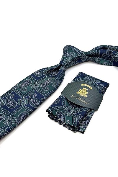 Kravatkolik Green - Navy Blue Classic Tie with Shawl Pattern Handkerchief Kk12888