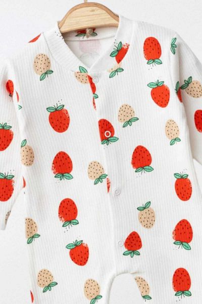 dinamik çocuk Strawberry Printed Jumpsuit for Baby Girl - 100% Cotton, Flexible, 1-3-6 Months