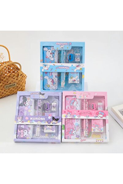 MJ TOYS Sanrio Kuromi My Melody 12 Parça Kırtasiye Seti Kuromi Metal Kalemlikli Kutulu Kırtasiye Seti Pembe