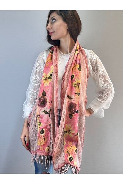 Gönülden Tasarım 170x30 cm Yavruağzı - TRİKO Şal de damă cu imprimeu floral, cu Fir Fir
