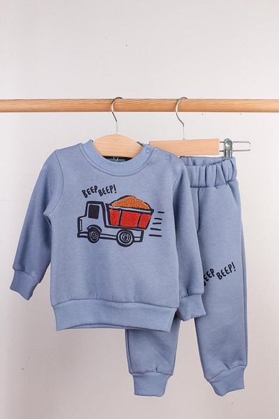 Mini Ropa Baby Boy Blue Sweat Set Raster Truck Embroidered Baby Set