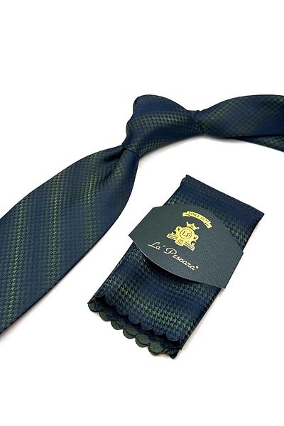 Kravatkolik Green - Navy Blue Classic Tie with Goose Feet Handkerchief Kk13013