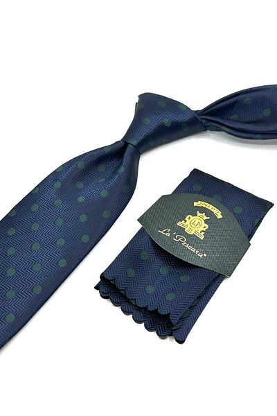 Kravatkolik Navy Blue Polka Dot Pattern Classic Tie with Handkerchief Kk13100