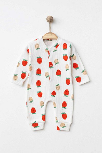 dinamik çocuk Strawberry Printed Jumpsuit for Baby Girl - 100% Cotton, Flexible, 1-3-6 Months