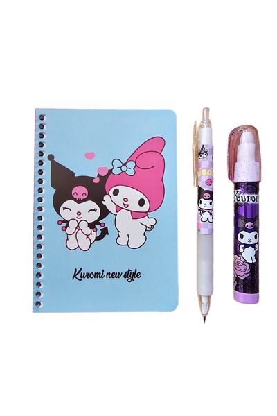 Ceylan Kırtasiye Bloc de note Kuromi + 07 creioane versatile + gumă pentru rachete pentru ouă - Set Kromi de 3 piese