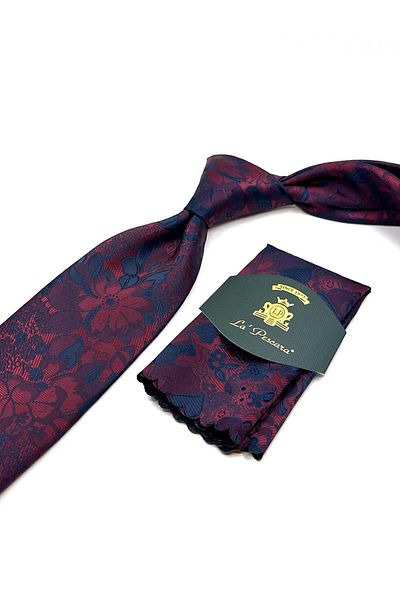 Kravatkolik Burgundy Floral Pattern Handkerchief Classic Tie Kk12946