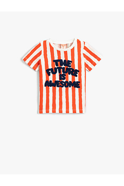 Koton Tricou cu mânecă scurtă imprimat cu slogan în dungi, bumbac