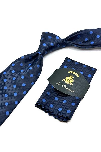 Kravatkolik Navy Blue Polka Dot Pattern Classic Tie with Handkerchief Kk13096