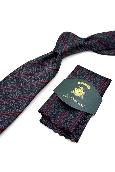 Kravatkolik Classic Tie with Smoked Line Pattern Handkerchief Kk12912