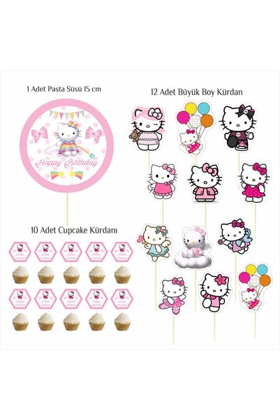 SİYAH PARTİ EVİ Hello Kitty 2 Year Old Birthday Cake Decoration Table Model Set