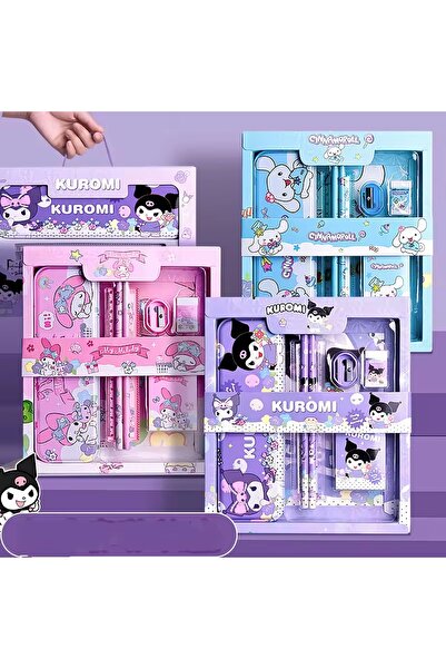 MJ TOYS Sanrio Kuromi My Melody 12 Parça Kırtasiye Seti Kuromi Metal Kalemlikli Kutulu Kırtasiye Seti Pembe