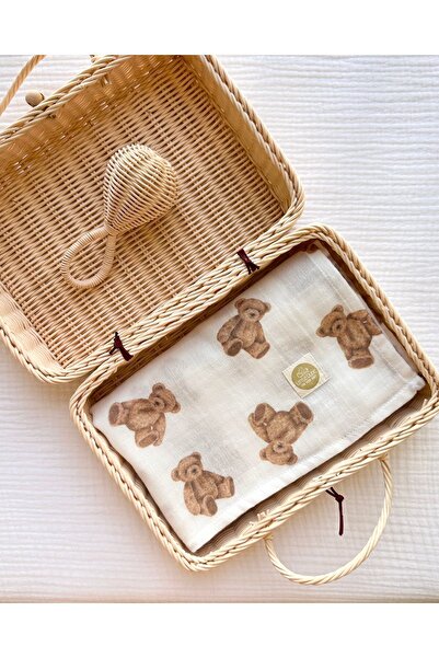 Little Dude بطانية من القطن العضوي بطبقة مزدوجة من الموسلين بنقشة الدبدوب - 1...