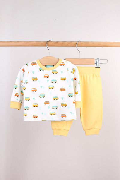 Mini Ropa Bus Printed Yellow Piping Suit for Baby Boy - Bottom Top Set