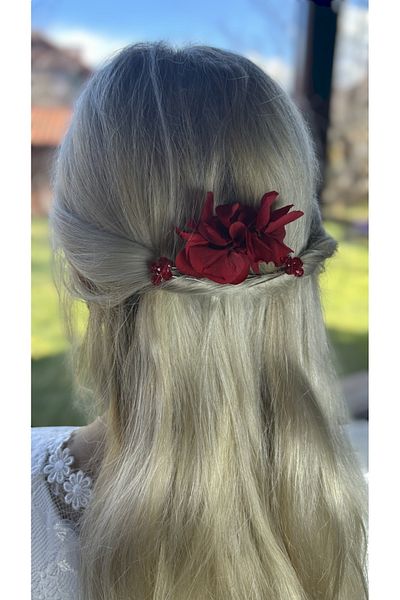 Eva Flore Red Floral Print Bridal Hair Accessory - Hydrangea Pearls, Wedding Comb Barrette, Bun Barrette