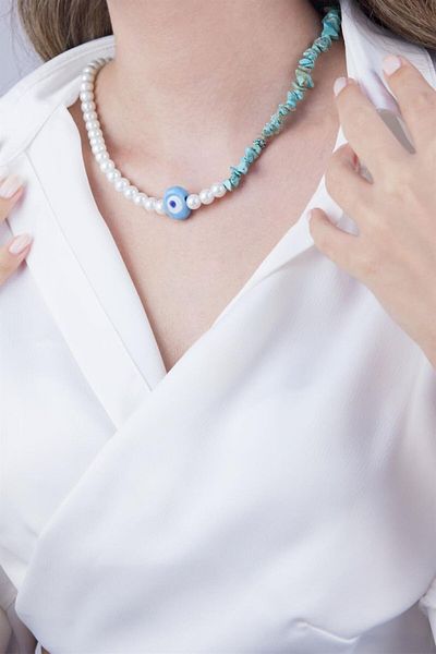 Sose Moda Blue Evil Eye Beaded Necklace with Broken Stones and Pearls