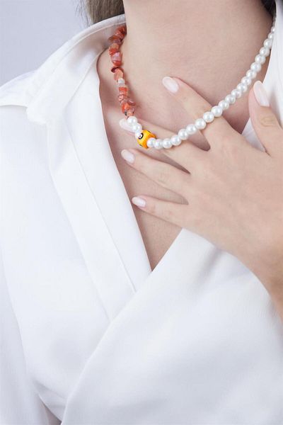 Sose Moda Orange Pearl and Beaded Broken Stone Necklace