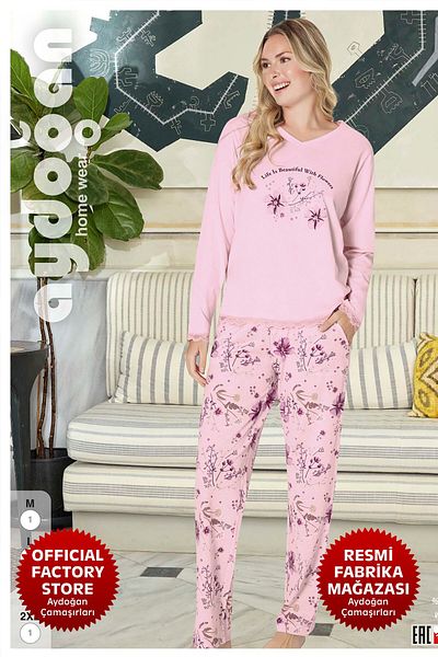 Aydoğan Pink Atlas V-Neck Long Sleeve Women's Pajama Set - B16-4 - 240719   - Aydogan ®