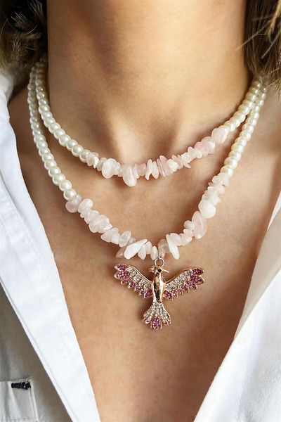 Sose Moda Fuchsia Phoenix Detailed Pearl Necklace with Broken Natural Stones
