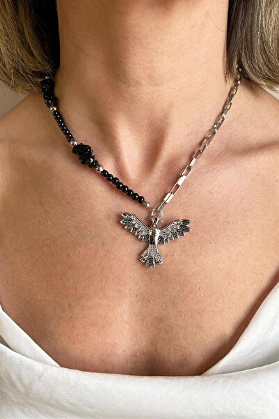 Sose Moda Gray Phoenix Detailed Natural Broken Stone Necklace