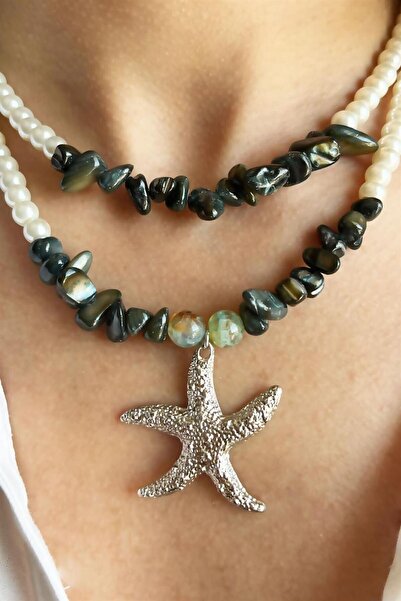 Sose Moda Natural Agate Stone and Khaki Broken Stone Starfish Detailed Pearl Necklace